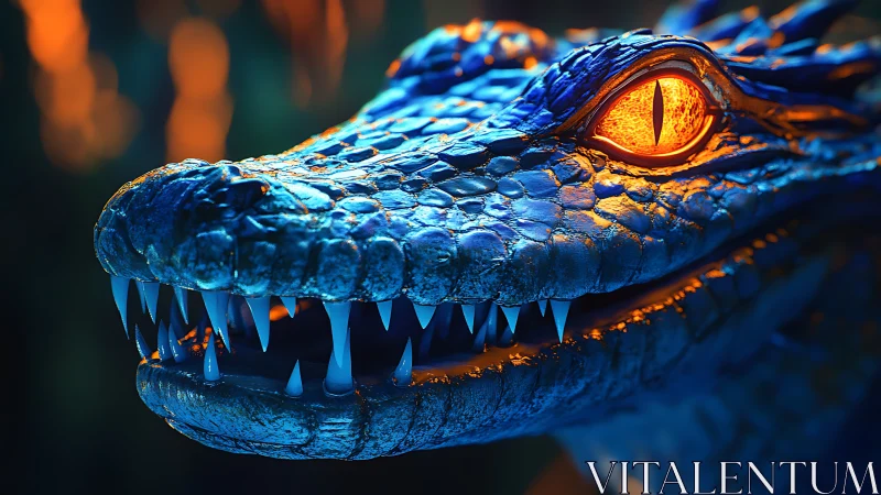 Close view of blue reptilian head with illuminated eye detail.