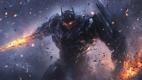 Armored inferno mech charging through explosive debris field.