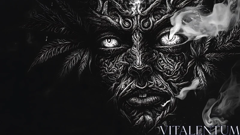 Monochrome vegetal face emerges from darkness in dense smoke