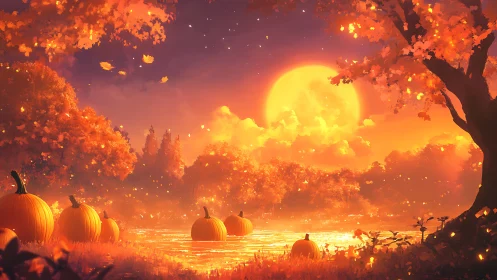 Golden harvest moonrise over a glowing pumpkin river.