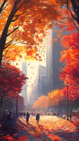 Urban walkway passes beneath dense autumn foliage and towers