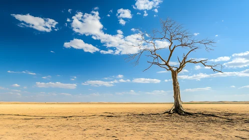 Lone Bare Tree in Sunny Desert Landscape, Minimalist Nature Scene.
