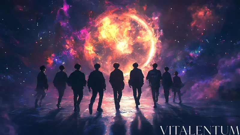 Silhouetted group walks toward fiery cosmic portal at night.