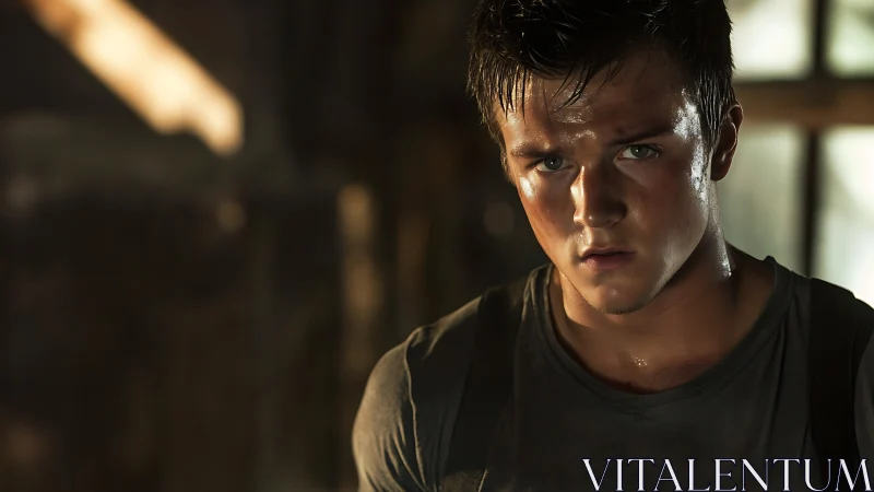 Sweat soaked young man stares forward under harsh light