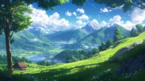 Lush alpine valley with distant snow peaks under summer sky.