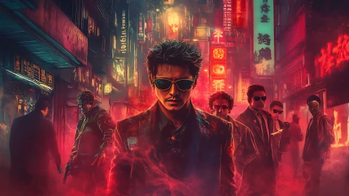 Neon-soaked vigilante squad in dystopian alleyway haze.