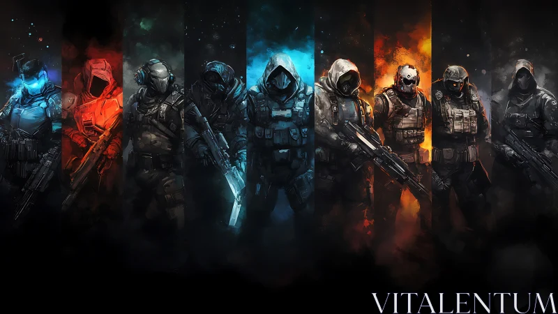 Futuristic tactical squad aligned in chromatic warzone panorama