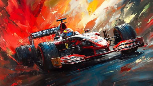 Formula racing car in motion against abstract paint field.