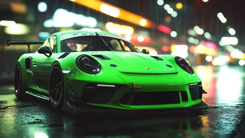 Green race car stands on wet city street under night rain