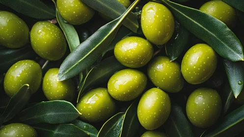 Macro close-up of fresh green olives with glossy surfaces