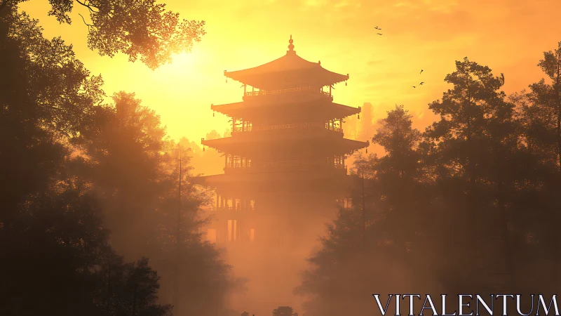 Multi-tiered pagoda stands in dense forest sunrise haze