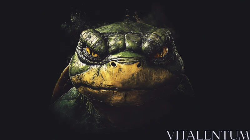 Close frontal view of stylized turtle head on dark background.