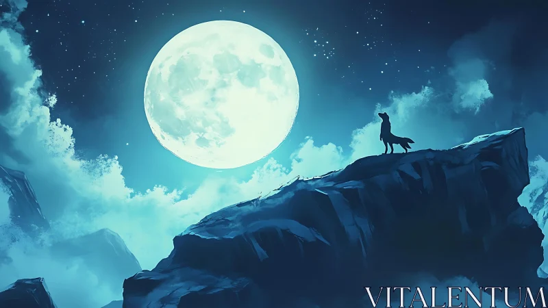 Wolf silhouette on moonlit cliff under deep blue night sky.