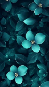 Turquoise Floral Pattern with Luminous Blooms and Layered Leaves