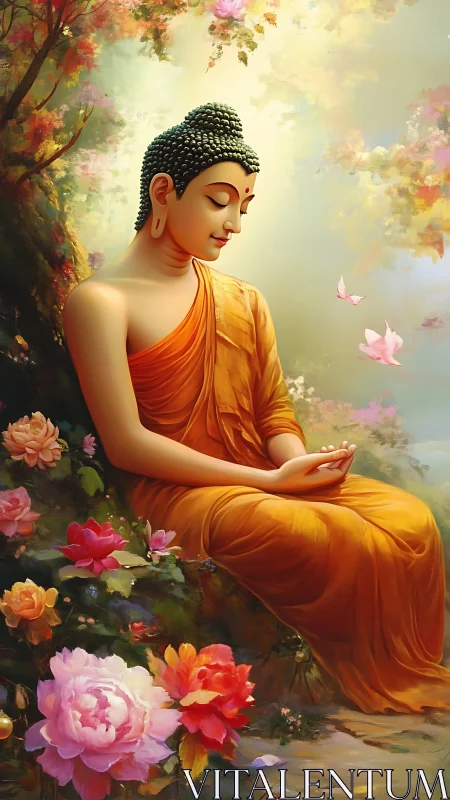 Serene Buddha meditates amid glowing blossoms and soft light