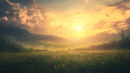 Digital painting sunrise over misted wildflower valley panorama.