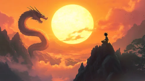 Sun-forged summit duel between serpent dragon and lone hero.