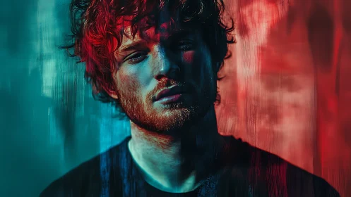 Male subject under split red and teal directional lighting.