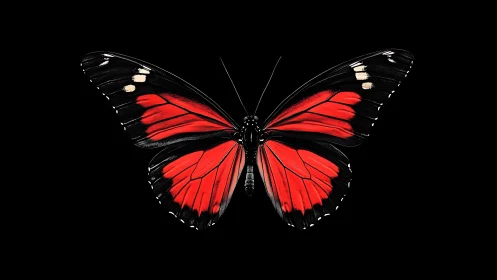 Butterfly specimen displays red and black wings on black field