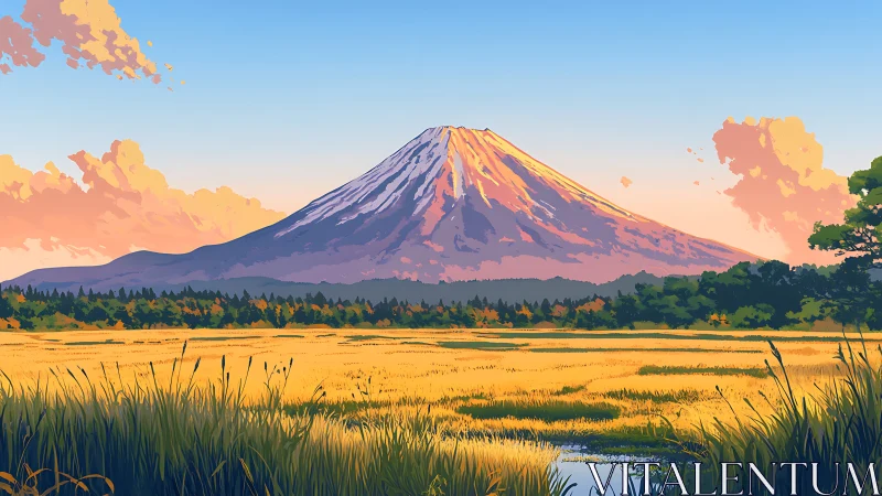 Sunlit mountain above golden rice fields at sunset.