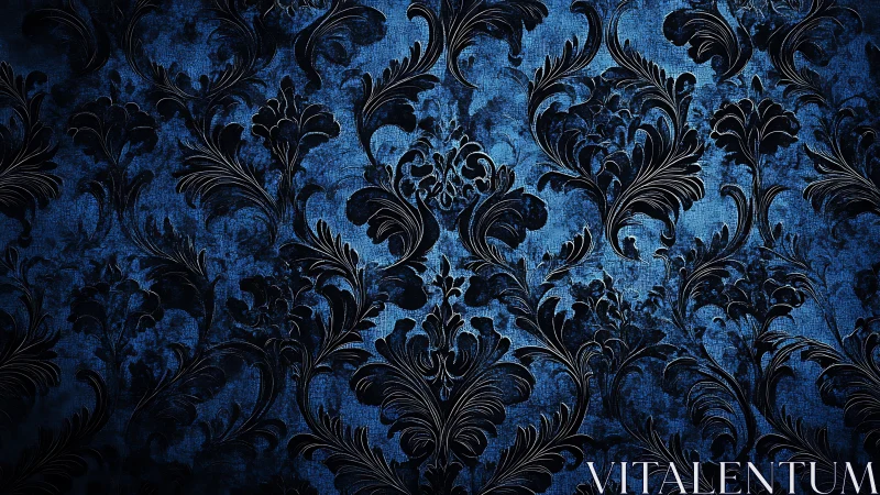 Ornate blue damask wallpaper creates moody vintage elegance