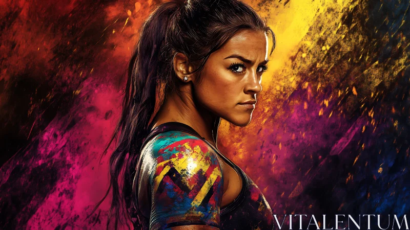 Strong, focused woman framed by bold splashes of color.