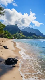Kalalau Beach Coastal Landscape with Verdant Mountain Cliffs.