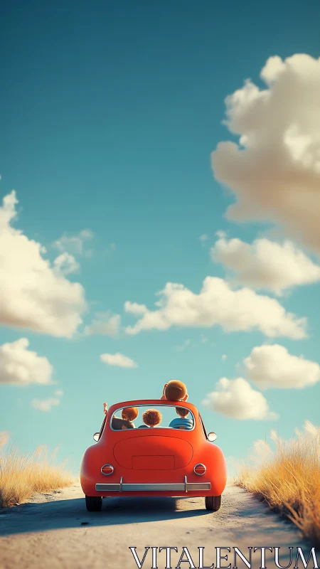 Stylized family road trip in red car under expansive sky