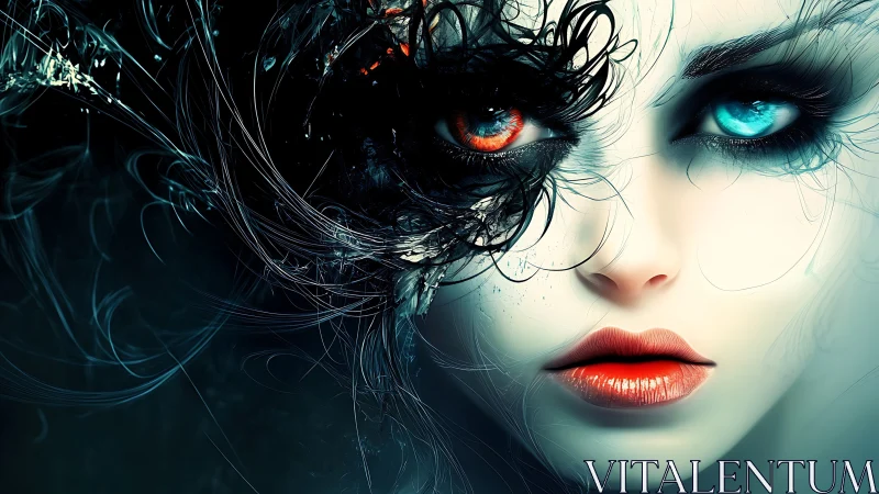 Enigmatic woman with glowing eyes and swirling dark mask.