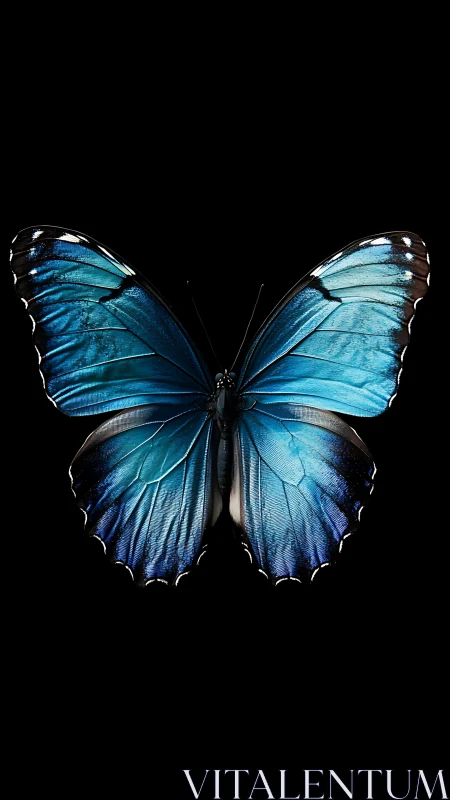 Blue morpho butterfly wings spread against deep black