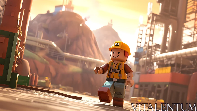 Construction worker minifigure walks through industrial yard