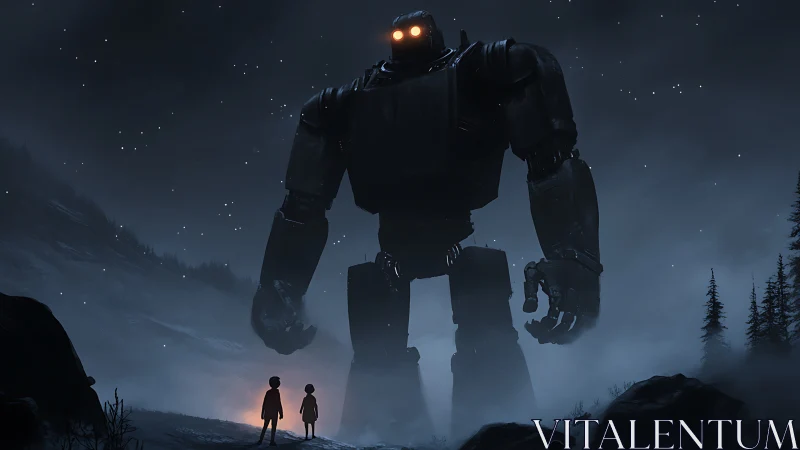 Giant robot towers over children in moody night forest scene.