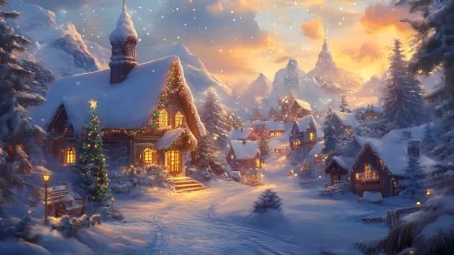 Snow-covered alpine village glowing with festive lantern light.