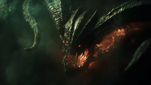 Abyssal dragon lord rising from molten emerald gloom.