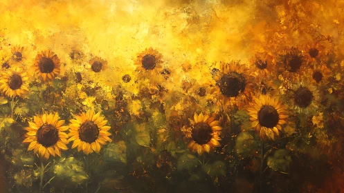 Radiant sunflower field in expressive golden impasto light.