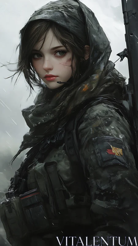 Stormlit scout girl standing steady in painted rainstorm.