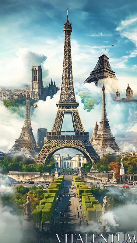 Multiphase Eiffel tower skyline in layered atmospheric perspective.