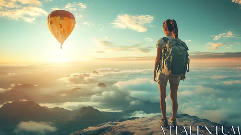 Backpacker overlooking sunrise clouds and golden balloon.