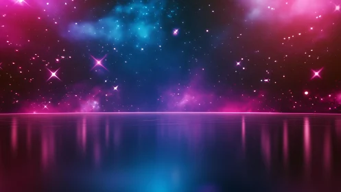 Neon stellar horizon over reflective chromatic plane surface.