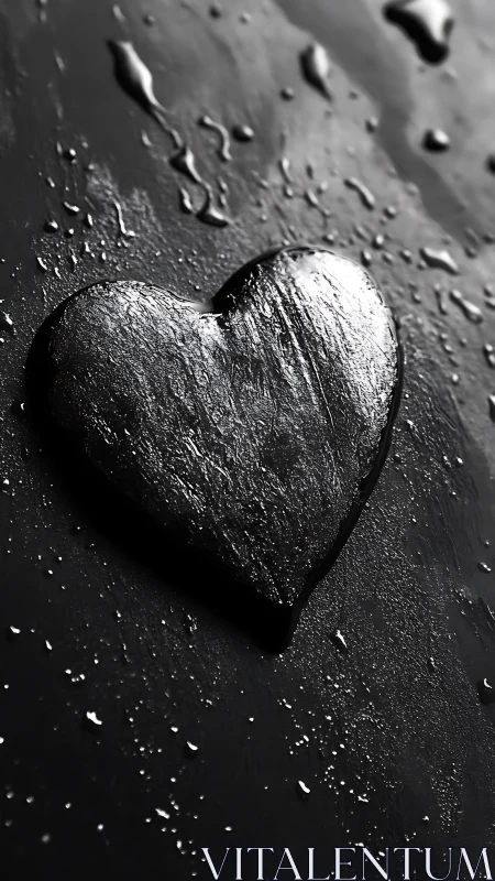Heart-shaped object with water droplets on dark surface