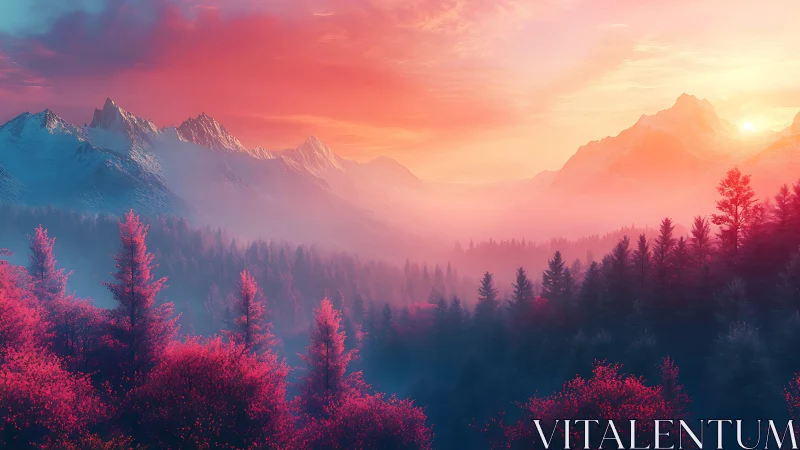 Sunlit alpine mountains overlook vivid pink forest valley
