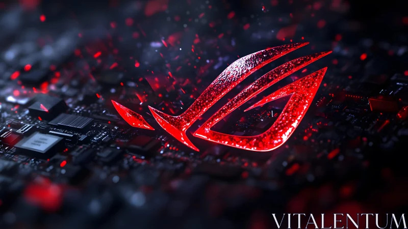 Futuristic ROG logo glowing over motherboard in digital art style.