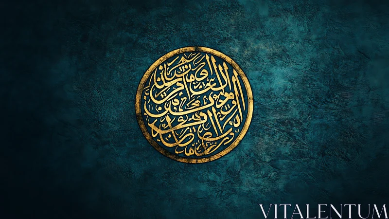Golden Arabic calligraphy medallion on deep teal texture.