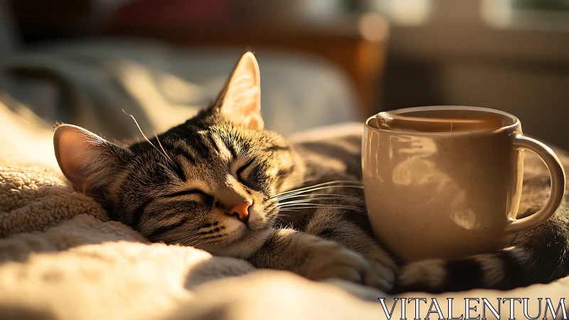 Contentedly sleeping tabby cat naps beside steaming mug.