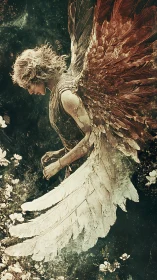 Fallen angel with large wings over dark floral background.