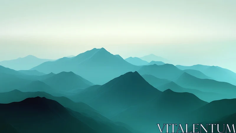 Gentle teal mountains fading into a calm, misty horizon.