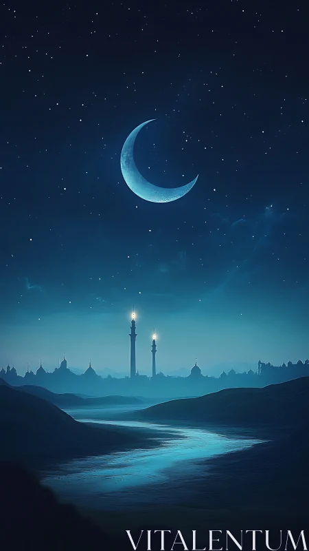 Crescent moon above distant towers and river at night.