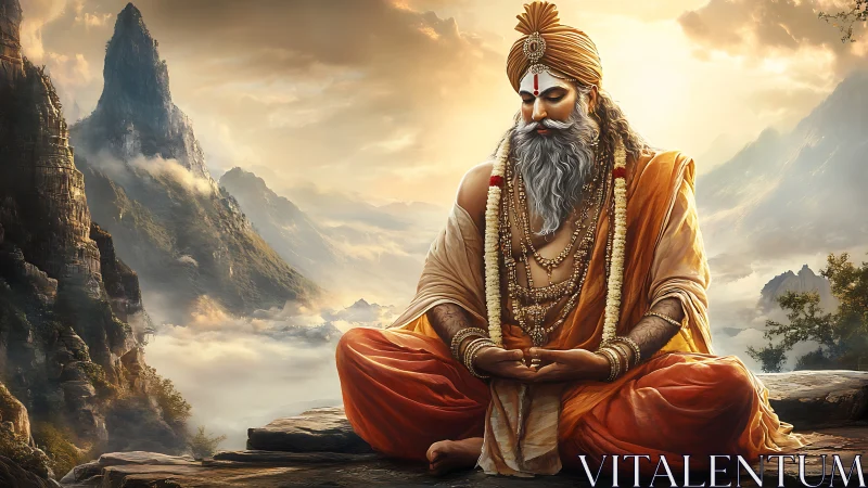 Bearded sage in orange robes meditating in misty mountains.