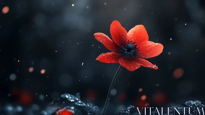 Red Poppy With Rain Droplets Against Dark Bokeh.