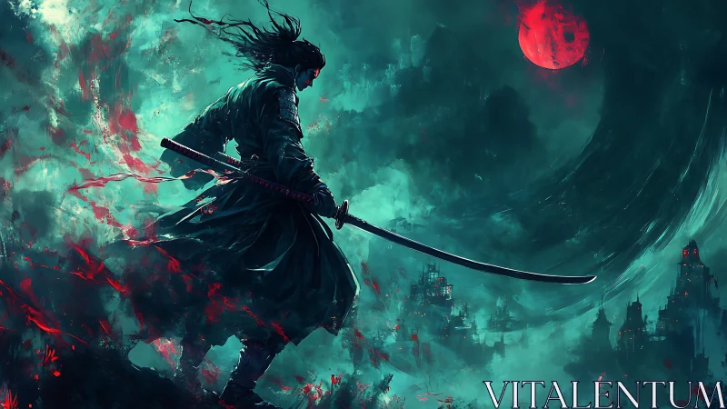 Solitary armored swordsman stands before red moonlit skyline